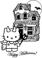 dla dziewczynek do wydruku kolorowanki halloween hello kitty diabełek i straszny dom w tle numer 35